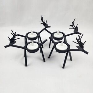 4 Metal Reindeer Candleholders Antique Black 5"x5" Holiday‎ Primitive Farmhouse